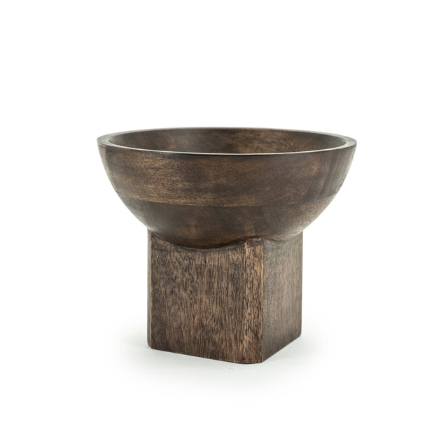 Bruine houten schaal op voet om als fruitschaal te gebruiken of op je eettafel in te zetten. Met grote vierkante poot en ronde schaal in bruin mangohout 