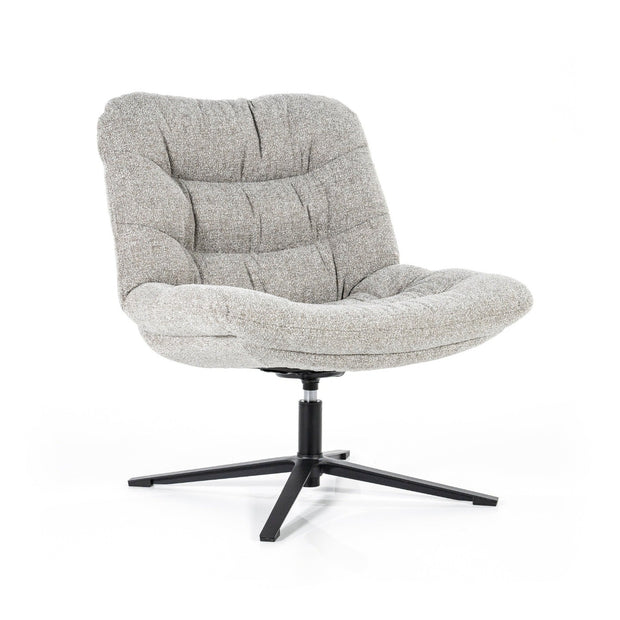 Lichtgrijze draaifauteuil zonder armleuningen in een dikke comfortabele boucléstof. Fauteuil Danica is van het merk Eleonora, verkrijgbaar bij De Houten Kruik,