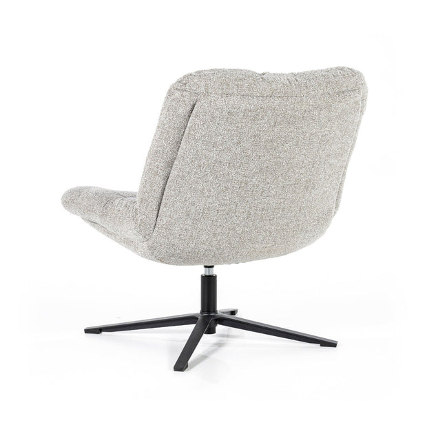 Lichtgrijze draaifauteuil zonder armleuningen in een dikke comfortabele boucléstof. Fauteuil Danica is van het merk Eleonora, verkrijgbaar bij De Houten Kruik,