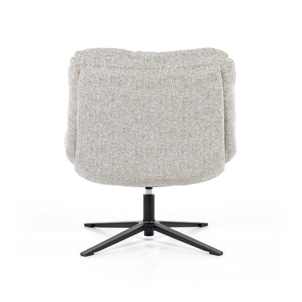 Lichtgrijze draaifauteuil zonder armleuningen in een dikke comfortabele boucléstof. Fauteuil Danica is van het merk Eleonora, verkrijgbaar bij De Houten Kruik,