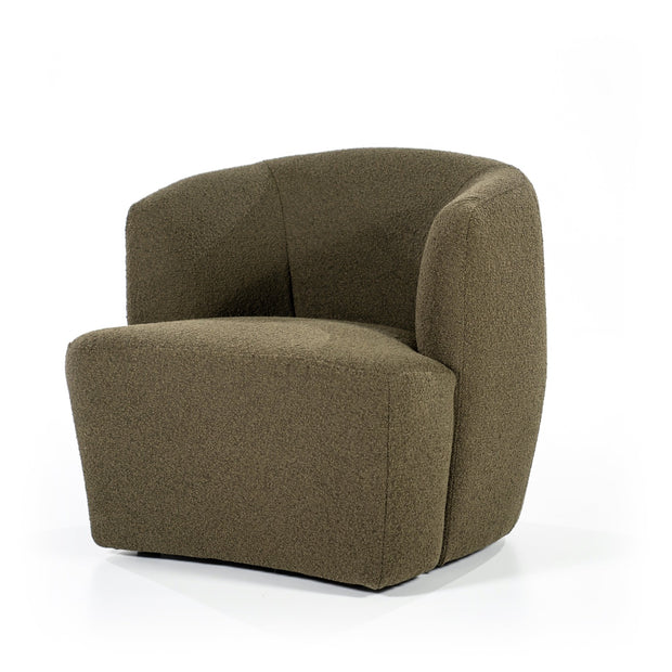Mooie ronde fauteuil Charlotte in een olijfgroene kleur in een boucléstof. 