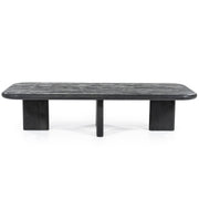 Zwarte houten rechthoekige salontafel met afgeronde hoeken en platte poten 