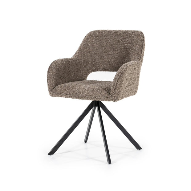 Groene draaistoel in boucléstof met open rug en zwarte trapeziumpoten voor een knusse look aan je eettafel