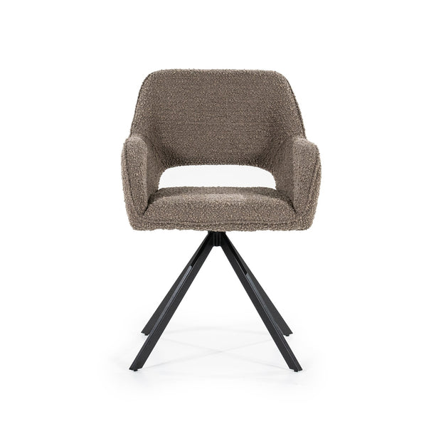Groene draaistoel in boucléstof met open rug en zwarte trapeziumpoten voor een knusse look aan je eettafel