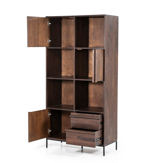 Houten kabinet kast Jimmy van het merk Eleonora in een mooie donkerbruine kleur met kasten voor opbergruimte en open vakken om te decoreren