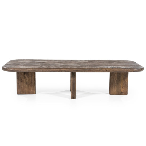 Bruine rechthoekige salontafel met afgeronde hoeken met donkerbruine coating 