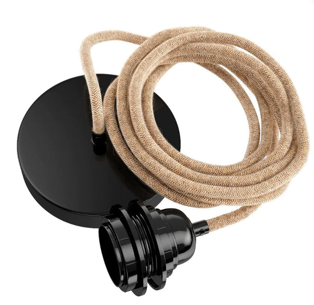 Jute plafondkap pendelsnoer naturel jute en zwart detail voor lichtbronnen met E27 fitting van Hoopzi