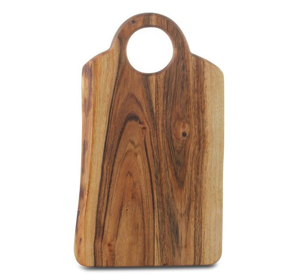 Een houten snijplank met rond handvat van de collectie van Stuff design. Deze houten tapasplanken zijn ingeolied en dus perfect geschikt om voeding op te presenteren