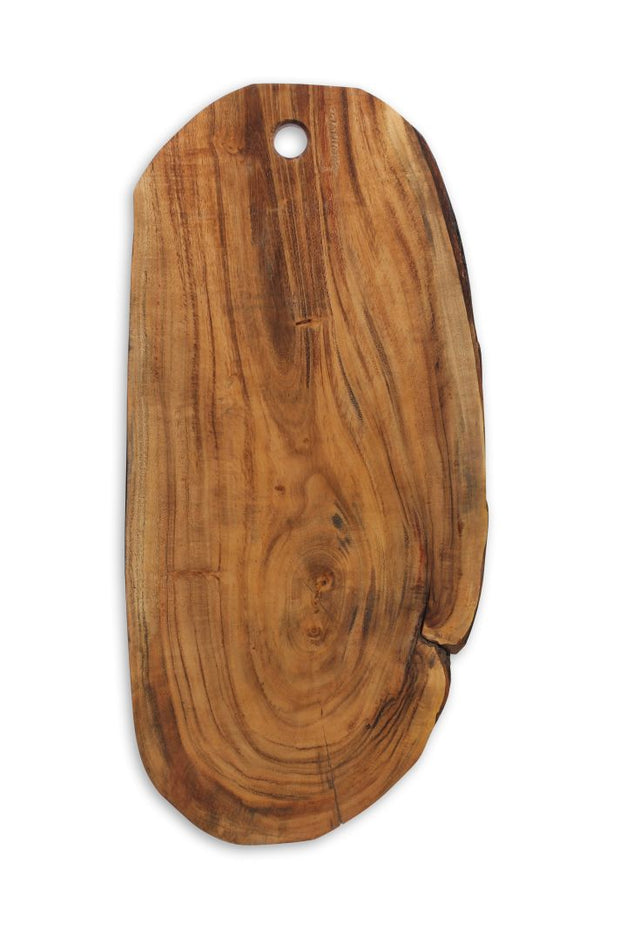 Houten snijplank in de vorm van een langwerpig uitgesneden boomstam